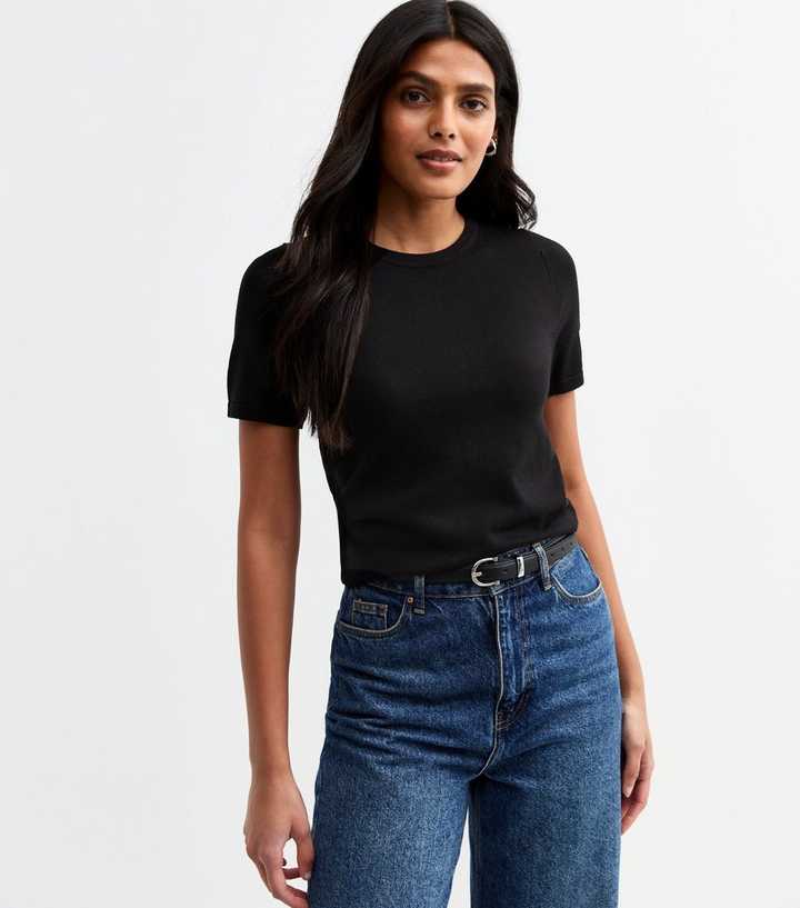 Black Compact Knit Short Sleeve Top