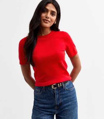 Red Compact Knit Short Sleeve Top