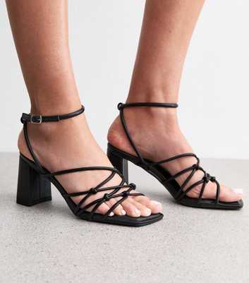 Black Faux Leather Knotted Strap Block Heel Sandals