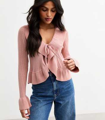 Pink Frilly Trim Tie Front Pointelle Cardigan