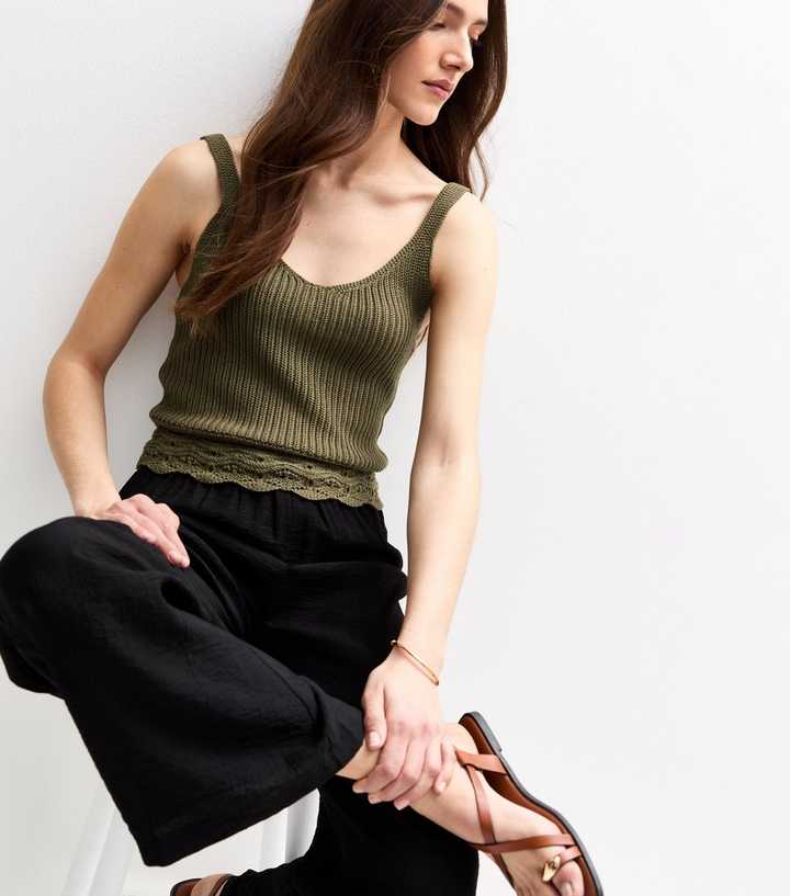 New Khaki V Neck Embroideried Knit Vest Sleeveless main image 1