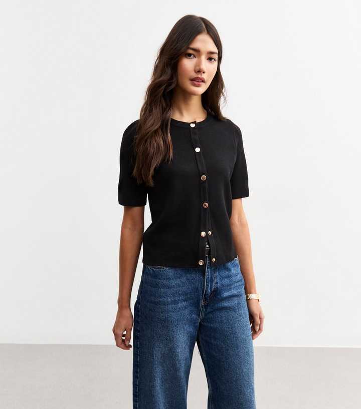 Black Compact Knit Short Sleeve Cardigan