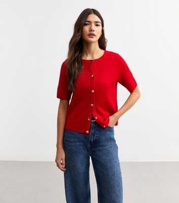 Red Compact Knit Short Sleeve Cardigan