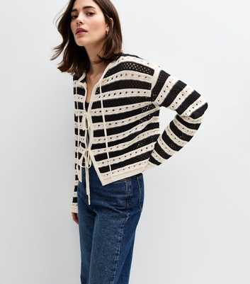 Black Striped Tie Front Open Knit Cardigan