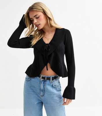 Petite Black Frilly Trim Pointelle Cardigan