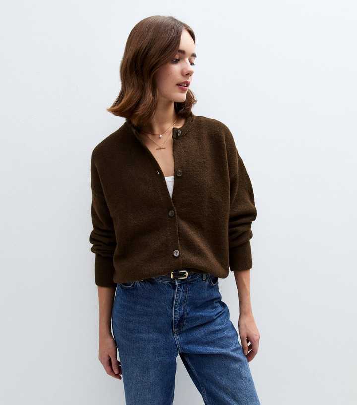Dark Brown Crew Neck Cardigan
