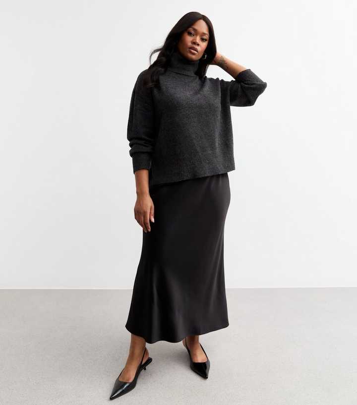 Curves Black Satin Midi Skirt