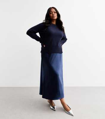 Curves Navy Satin Midi Skirt