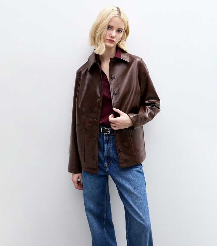 Brown Button Up Faux Leather Jacket