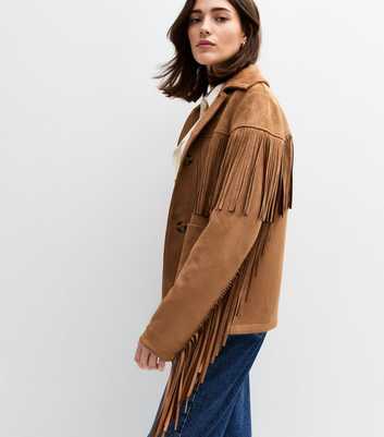 Tan Fringe Trimmed Faux Suede Jacket