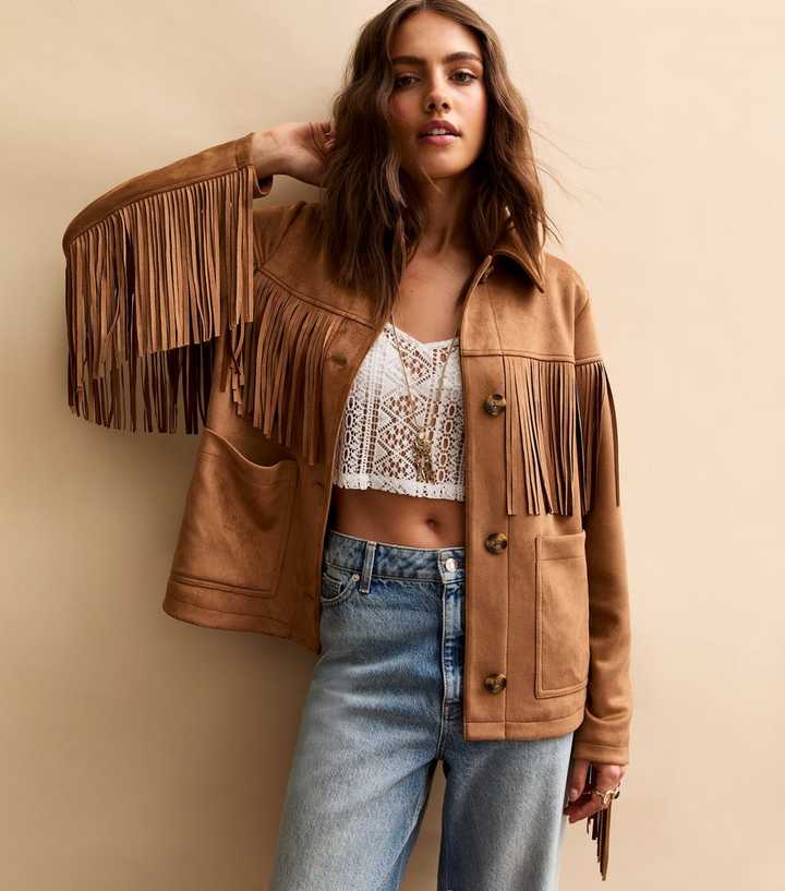Tan Fringe Trimmed Faux Suede Jacket