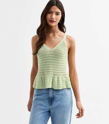Green Open Knit V-Neck Peplum Vest