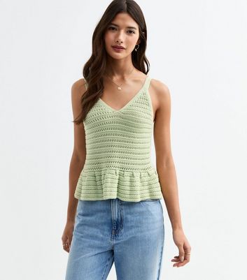 green-open-knit-v-neck-peplum-