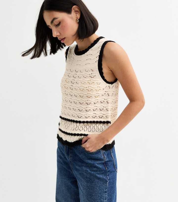 Cream Open Knit Contrast Trim Vest