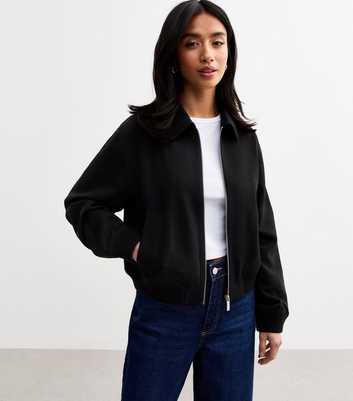 Petite Black Zip Front Bomber Jacket