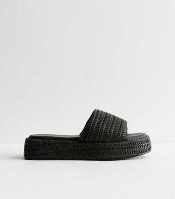 Black Raffia And Faux Leather Platform Mules