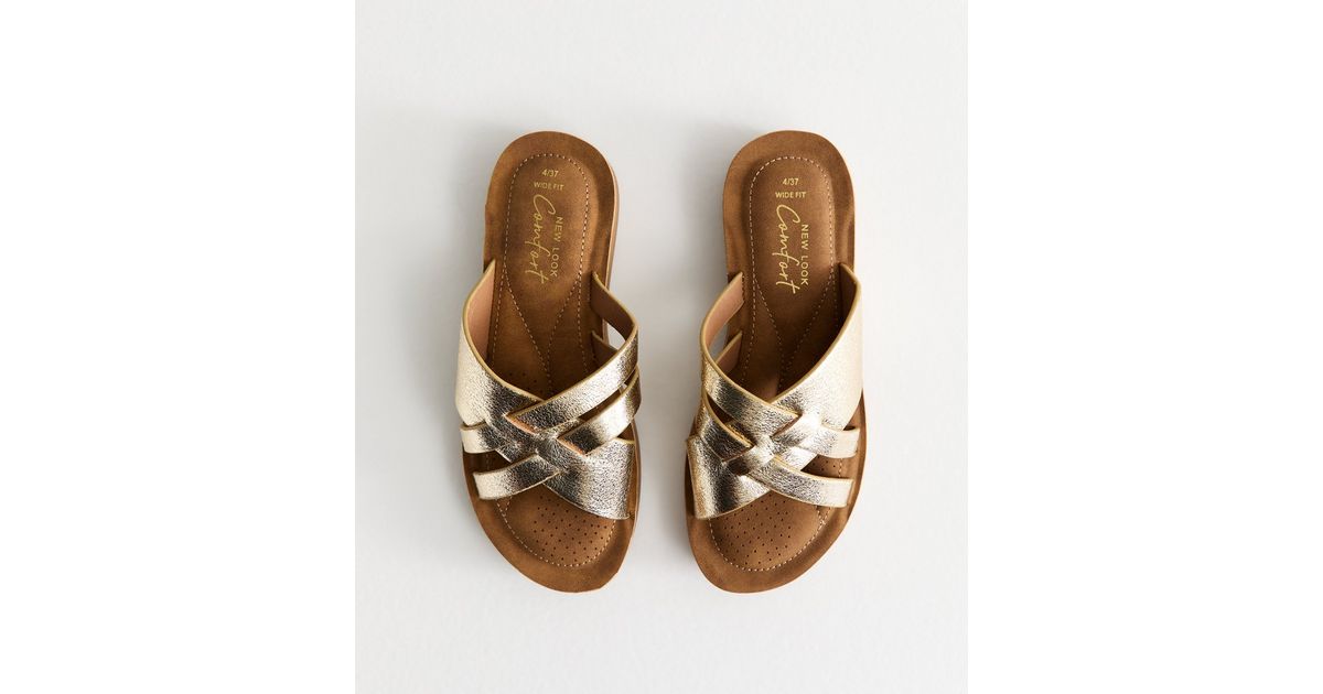Wide Fit Gold Faux Leather Woven Strap Sandals | New Look