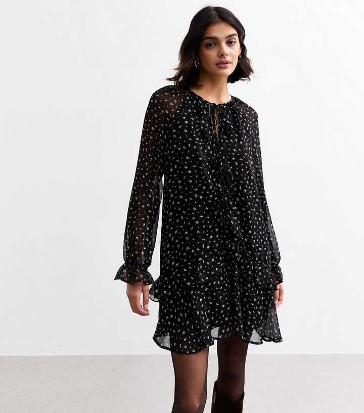 Black Floral Print Ruffled Mini Dress With Lace Panels