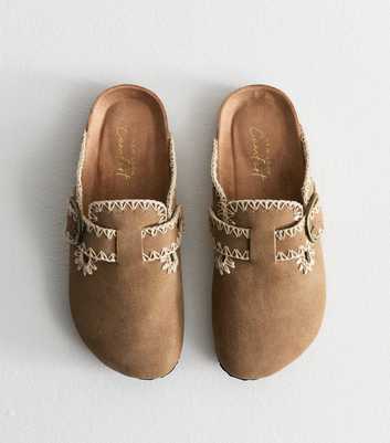 Brown Faux Suede Whipstitched Mules