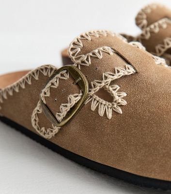Brown Faux Suede Whipstitched Mules | New Look
