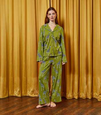 The Night Store Green Giraffe Print Shirt and Trousers Pyjama Set 