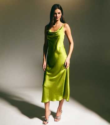 Green Cowl Neck Satin Midi Dress