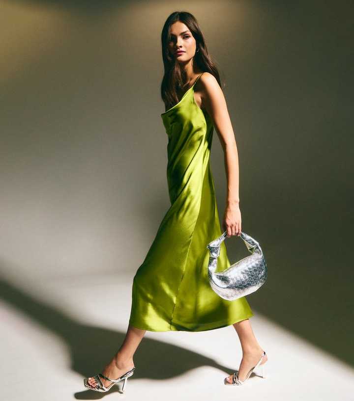 new look green satin dress Cameo Rose Green Satin Tie Back Midi Wrap Dress