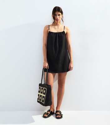 Black Textured Beaded Strap Beach Mini Dress