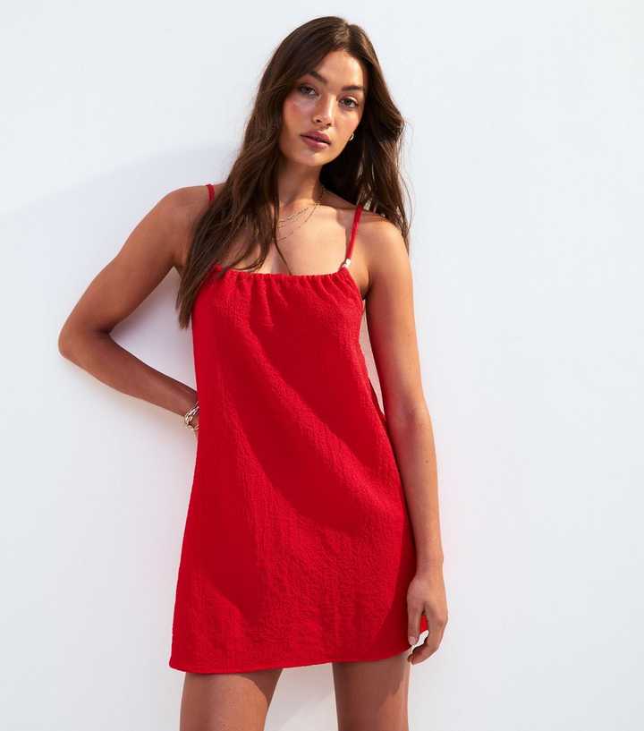 Bright Red Textured Beaded Strap Mini Dress