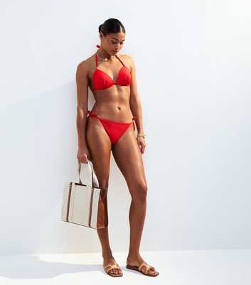 Red Textured Wave Tie Side Bikini Bottoms