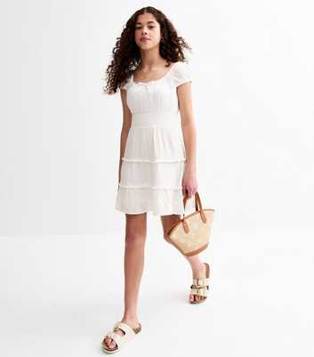 Girls White Swiss Dot Milkmaid Mini Dress