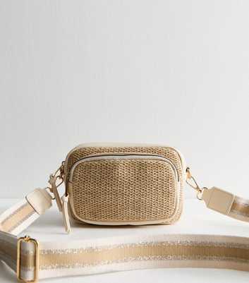 Stone Woven Raffia Look Faux Leather Crossbody Bag