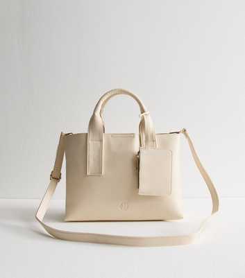Cream Grained Faux Leather Tote Bag and Coin Purse Set