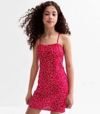 Girls Red Floral Print Ruched Strappy Dress