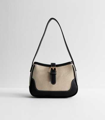 Black Faux Leather and Canvas Mini Buckle Shoulder Bag