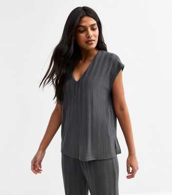 Dark Grey Wide Rib V-Neck Top