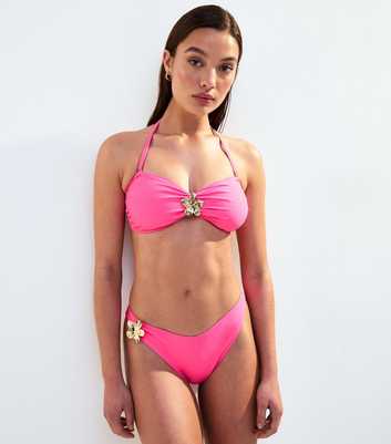 Bright Pink Flower Detail Bikini Bottoms