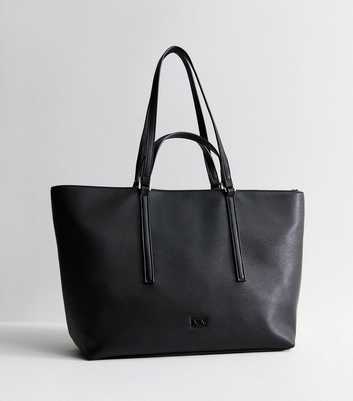 Black Faux Leather Double Handle Tote Bag 