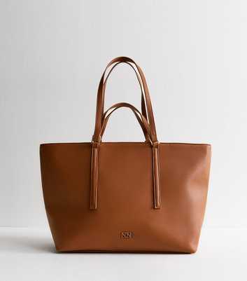 Tan Faux Leather Double Handle Tote Bag