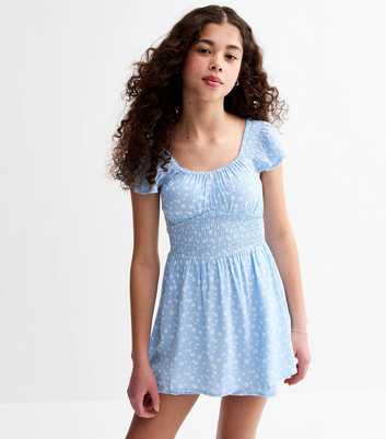 Girls Blue Floral Print Frill Sleeve Skort Mini Dress