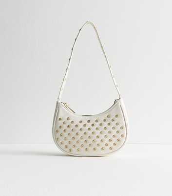 White Diamanté Stud Shoulder Bag 