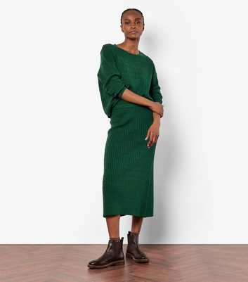 Apricot Dark Green Cable Knit Midi Skirt