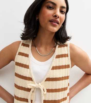 Cream Textured Stripe Tie Front Vest