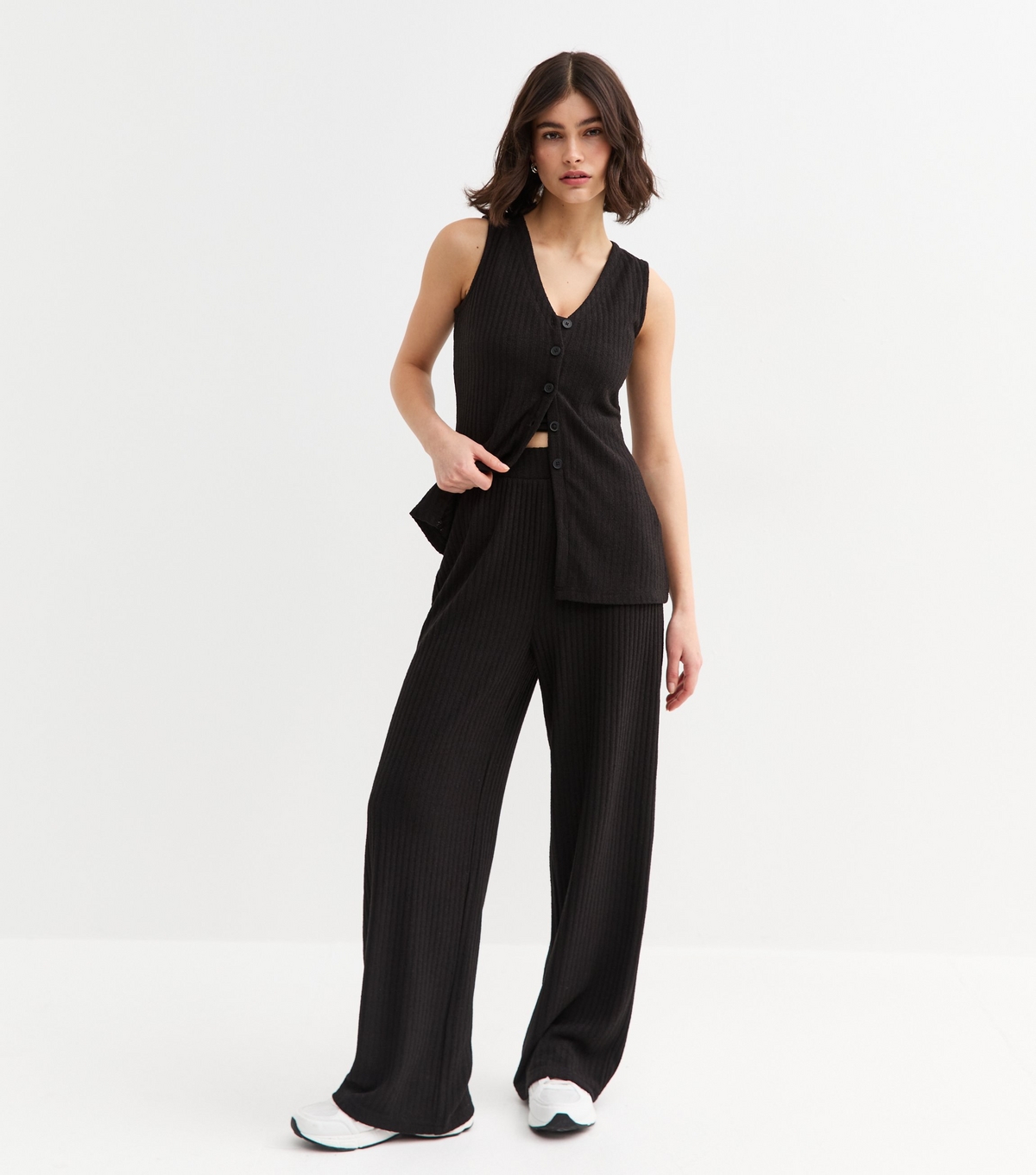 Women's Black Textured Wide Leg Trousers New Look