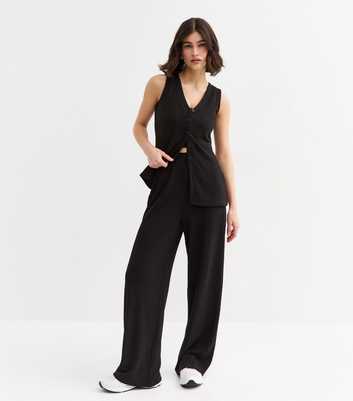Black Textured Wide Leg Trousers