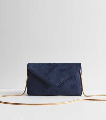 Blue Faux Suede Chain Strap Clutch Bag 