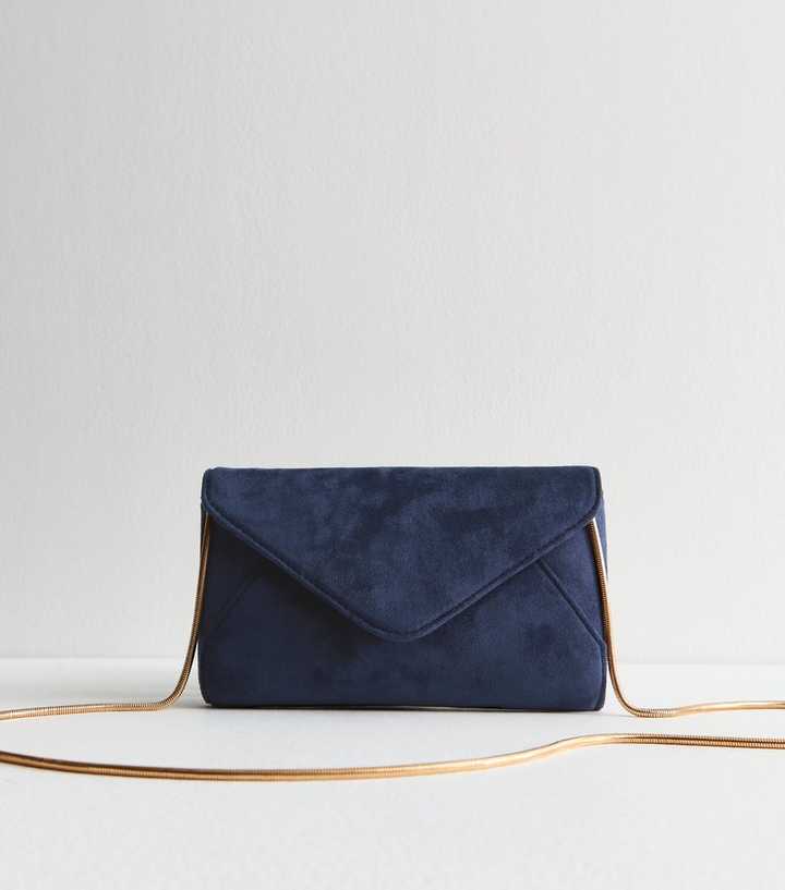 Blue Faux Suede Chain Strap Clutch Bag New Look