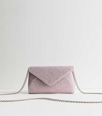 Pink Studded Metallic Chain Strap Clutch Bag 