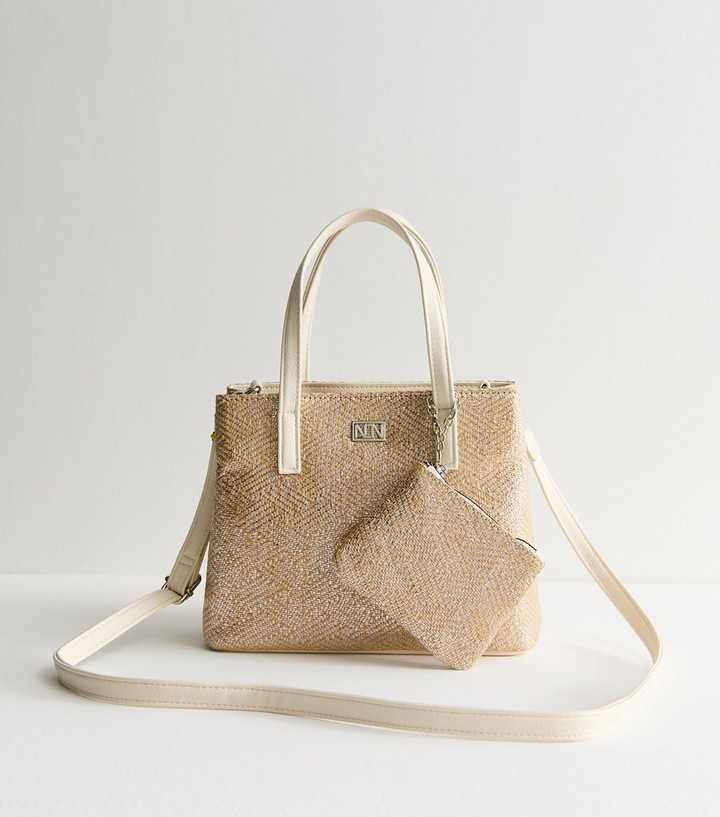 Stone Metallic Woven Raffia Look Tote Bag 
