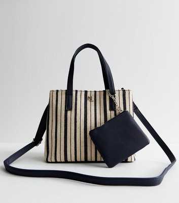 Blue Striped Canvas and Faux Leather Mini Tote Bag